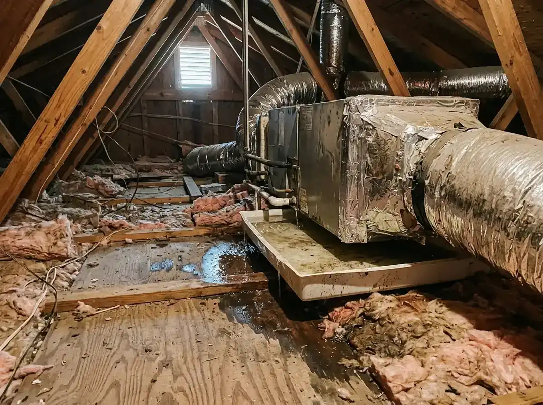 Attic air handler with an overflowing drain pan above insulation