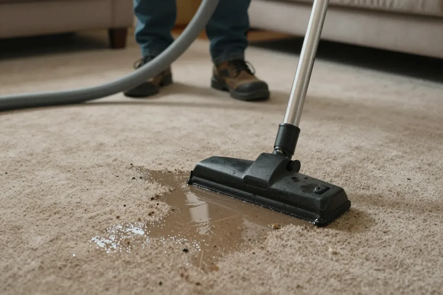 Carpet extraction tool pressed into a soaked beige carpet