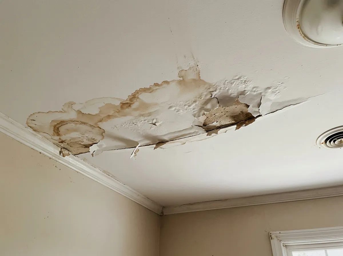Bedroom ceiling with a brown water stain and peeling paint