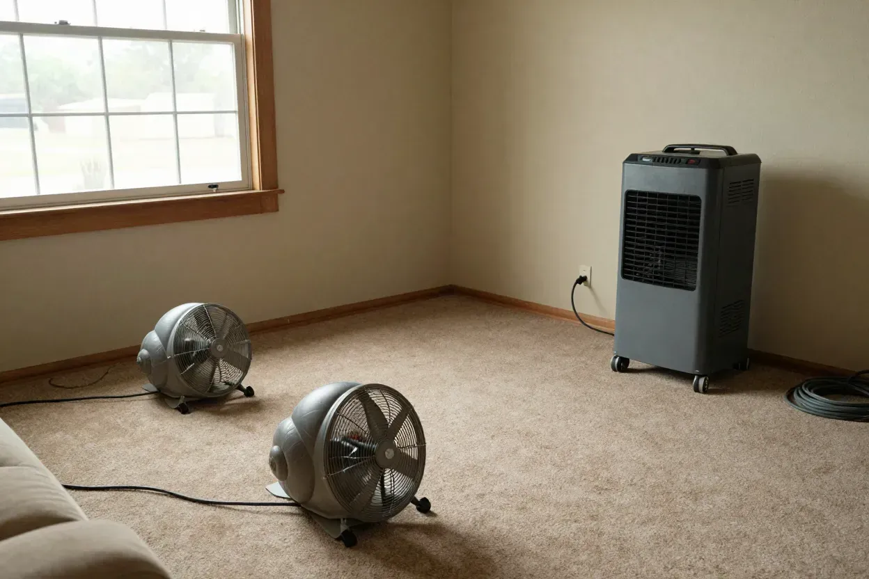 Air movers and a dehumidifier set up to dry a carpeted living room