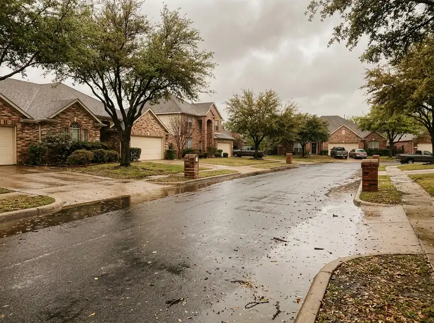 Rainwater pooled along the curb of a brick-home suburban street after a storm