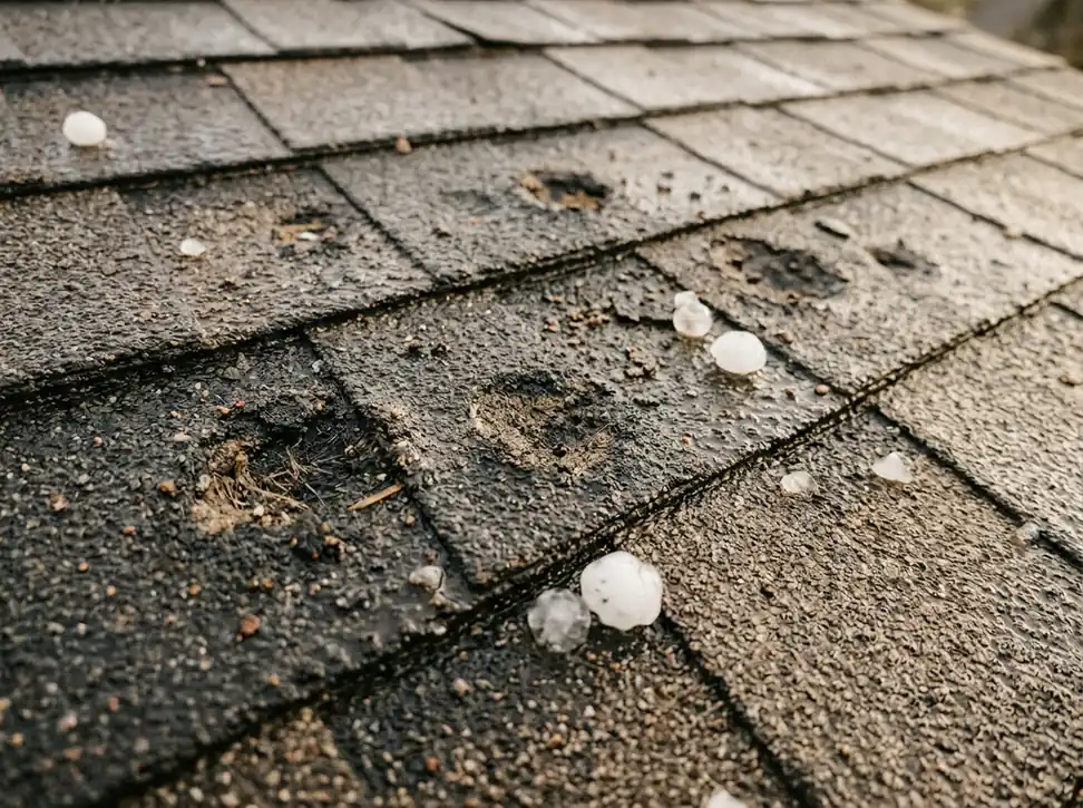 Asphalt roof shingles with hail dents and hailstones