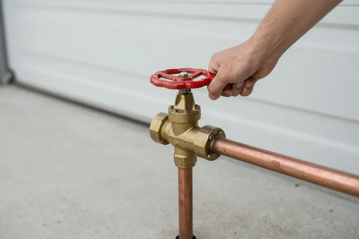 Hand turning the red handle of a main water shutoff valve on a copper pipe