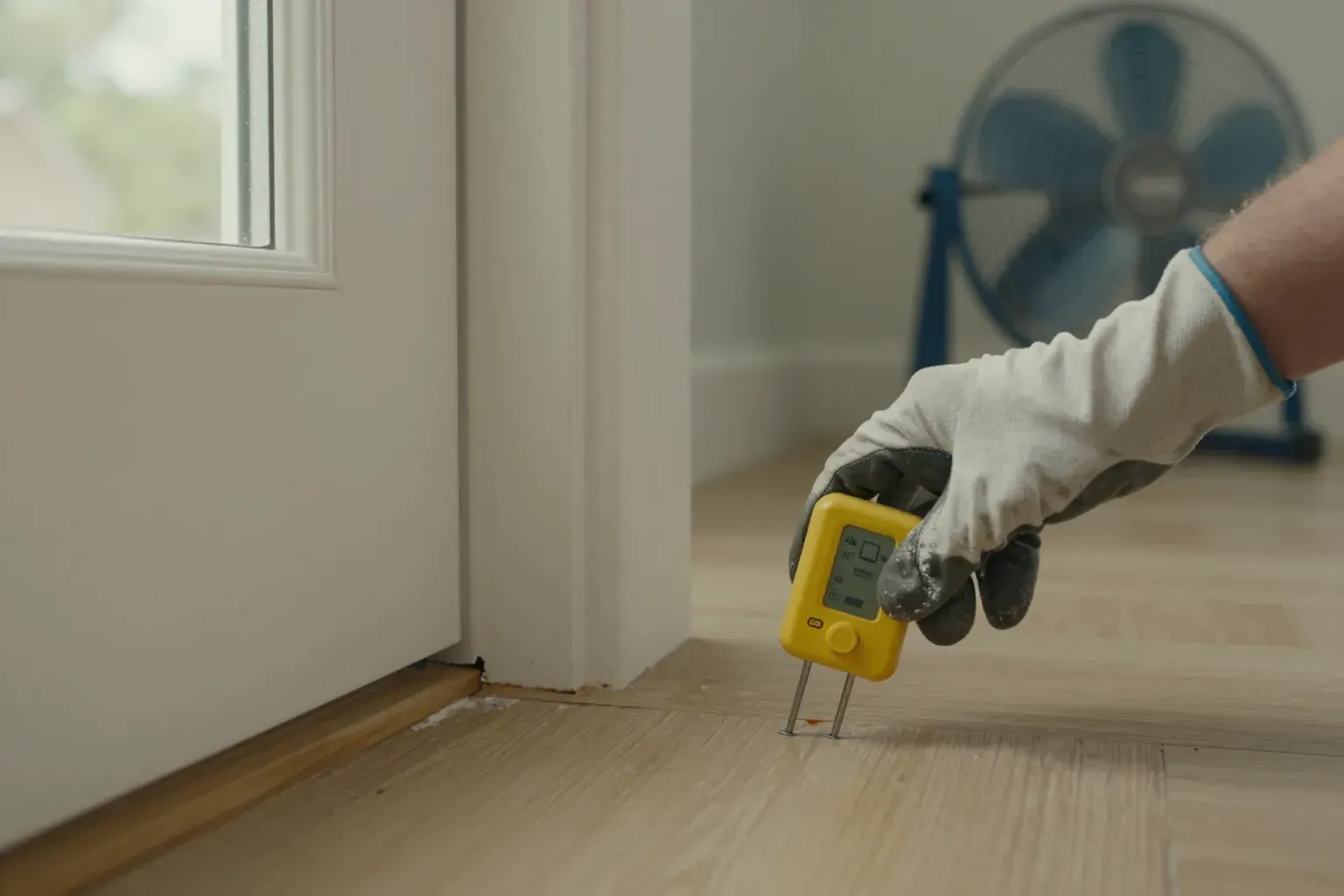 Gloved hand pressing a pin moisture meter into the floor beside a white wall