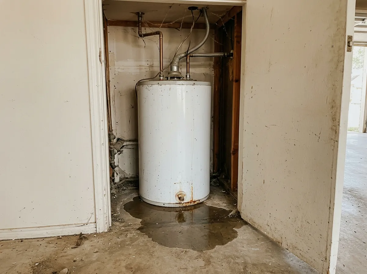 Tank water heater in a garage closet with water pooled around its base